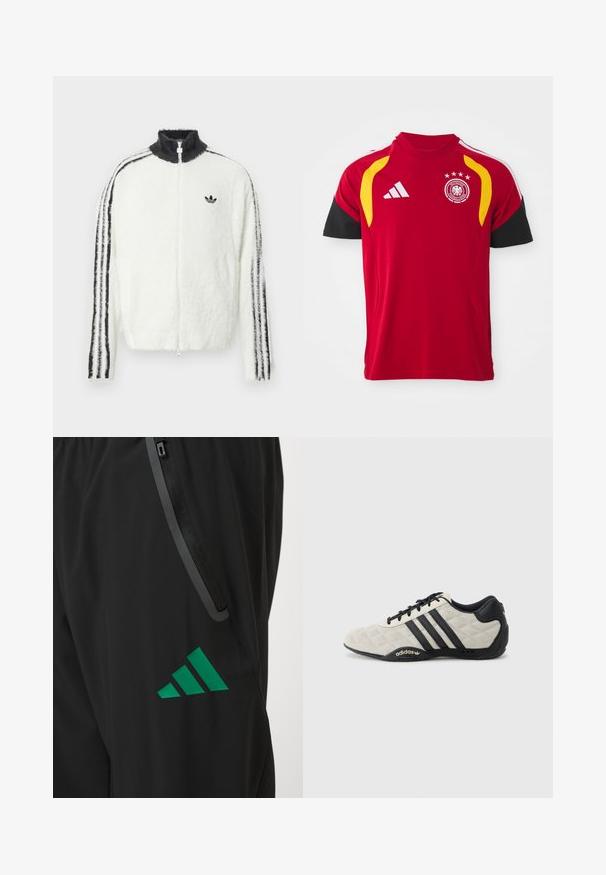 Bílá chlupatá bunda na zip s vysokým límcem, černým logem Adidas a černými pruhy podél rukávů. Měkká textura a volný střih.; Červený německý národní fotbalový dres s černými rukávy, žlutými akcenty na ramenou, logem Adidas a klubovým znakem se čtyřmi hvězdami na hrudi.; Černé sportovní kalhoty vyrobené z hladkého materiálu, s zeleným logem Adidas a kapsou na zip s kontrastním lemováním.; Sportovní boty Adidas s texturovaným, světle šedým svrškem a černými koženými akcenty. Obsahují černé logo se třemi pruhy a polstrovanou podrážku.