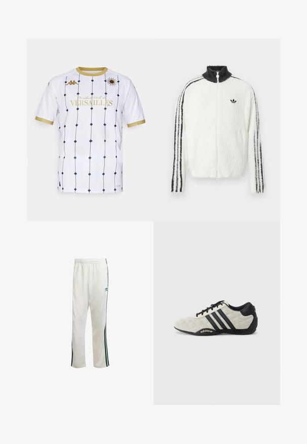 Pelsjakke med glidelås i hvit med høy krage, svart Adidas-logo og svarte striper langs ermene. Myk tekstur og avslappet passform.; Hvit trøye med marineblå diamantmønster, gull detaljer og "Football Club de VERSAILLES" i gullbokstaver. Korte ermer og rund hals.; Hvite treningsbukser med grønne sidestriper, elastisk livlinje, og en logo på øvre venstre side. Laget av lettvektsstoff.; Adidas sportssko med en teksturert, lys grå overdel og svarte skinndetaljer. Har svart tre-stripes logo og polstret såle.