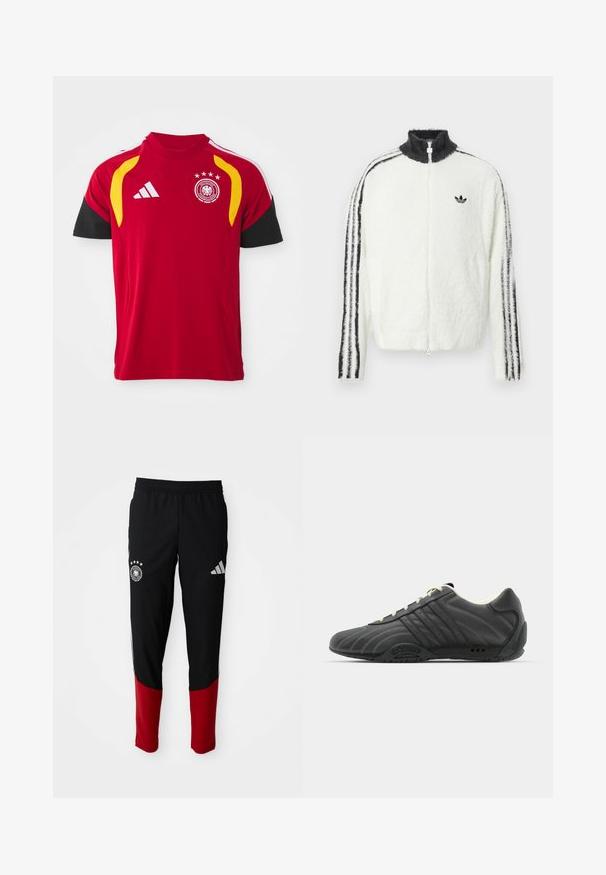 Furry lynlåsjakke i hvid med høj krave, sort Adidas-logo og sorte striber langs ærmerne. Blød tekstur og afslappet pasform.; Rød tysk national fodboldtrøje med sorte ærmer, gule skulderakcenter, Adidas-logo og holdets emblem med fire stjerner på brystet.; Sorte træningsbukser med røde underben, elastisk talje, Adidas-logo på højre lår og Tyskland fodboldholds emblem på venstre lår.; adidas Originals ADIRACER UNISEX - Sneakers - core black/cream white