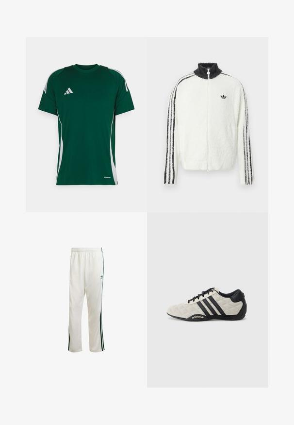 Chaqueta de felpa con cremallera en blanco, con cuello alto, logo de Adidas en negro y rayas negras a lo largo de las mangas. Textura suave y corte relajado.; Camiseta deportiva verde de manga corta, con franjas laterales blancas y un logo bordado en el lado izquierdo del pecho. Fabricada con un material transpirable.; Pantalones deportivos blancos con rayas verdes en los laterales, cinturilla elástica y un logo en la parte superior izquierda. Hechos de tejido ligero.; Zapatilla deportiva de Adidas con parte superior texturizada en gris claro y detalles en cuero negro. Presenta el logo de tres rayas en negro y una suela acolchada.