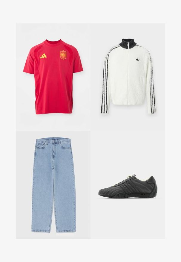 Fluffy zip-up jas in het wit met een hoge kraag, zwart Adidas-logo en zwarte strepen langs de mouwen. Zachte textuur en een ontspannen pasvorm.; Rode sport t-shirt van lichtgewicht stof, met een ronde hals, korte mouwen, geel Adidas-logo en het embleem van het Spaanse nationale team.; Lichtblauwe denim jeans met een recht model, voorzien van een middelhoge taille, vijf zakken en een knoop- en ritssluiting.; adidas Originals ADIRACER UNISEX - Sneakers laag - core black/cream white
