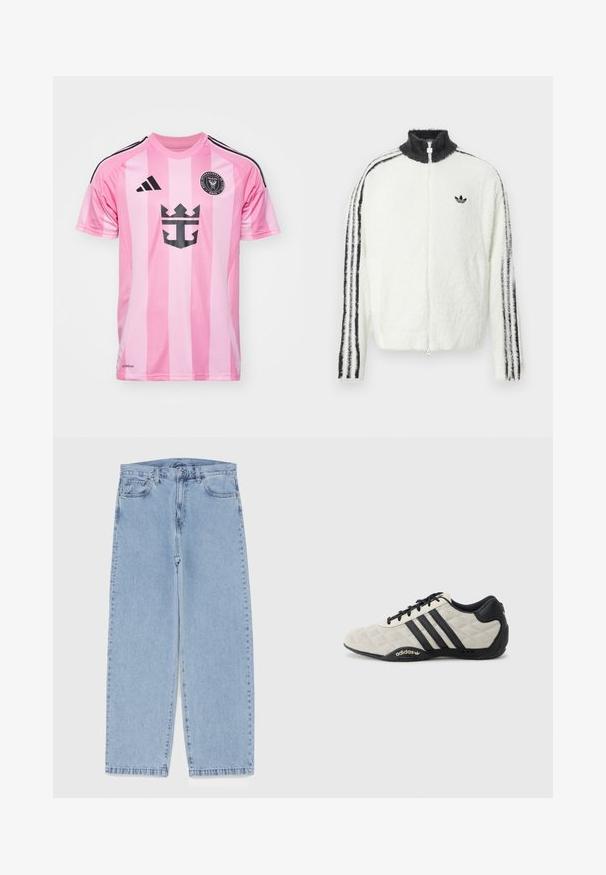 Pūkains zips džemperis baltā krāsā ar augstu apkakli, melno Adidas logo un melnām svītrām gar piedurknēm. Mīksta tekstūra un brīvs piegriezums.; Rozā futbola krekls ar vertikālām svītrām, melniem akcentiem un grafisku logo. Izgatavots no elpojoša auduma, ar īsām piedurknēm un noapaļotu apkakli.; Gai zila džinsu bikses ar taisnu kāju dizainu, kas piedāvā vidēju vidukļa augstumu, piecas kabatas un pogas un rāvējslēdzēja aizdari.; Adidas sporta apavi ar teksturētu, gaiši pelēku virsmas materiālu un melniem ādas akcentiem. Iezīmēti ar melno trīs svītru logotipu un mīkstinātu zoli.