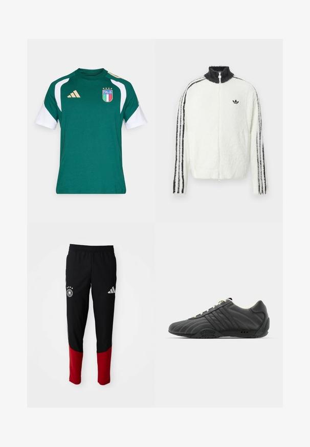 Φουντωτό μπουφάν με φερμουάρ σε λευκό χρώμα με ψηλό γιακά, μαύρο λογότυπο Adidas και μαύρες ρίγες κατά μήκος των μανσέτων. Μαλακή υφή και άνετη εφαρμογή.; Πράσινο αθλητικό T-shirt με λευκά μανίκια, διακοσμημένο με κεντημένο λογότυπο Italia και χρυσές λεπτομέρειες, κατασκευασμένο από μαλακό και αναπνεύσιμο υλικό.; Μαύρο αθλητικό παντελόνι με κόκκινες λεπτομέρειες στα κάτω άκρα, ελαστική ζώνη μέσης, λογότυπο Adidas στο δεξί μηρό και έμβλημα της ποδοσφαιρικής ομάδας της Γερμανίας στο αριστερό μηρό.; adidas Originals ADIRACER UNISEX - Αθλητικά παπούτσια - core black/cream white