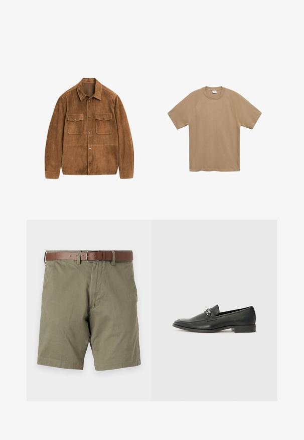 Brun mocka jacka med knappstängning, spetskrage, två bröstfickor och långa ärmar. Slät textur med en matt finish.; Mango T-shirt - bas - beige; Olivgröna shorts i tyg, med ett brunt läderbälte, framfickor och rak nederkant. Slät textur och avslappnad design.; Svart läderloafers med en slät yta, med en sydd design och en dekorativ metallkedjeaccent över västen. Platt häldesign.