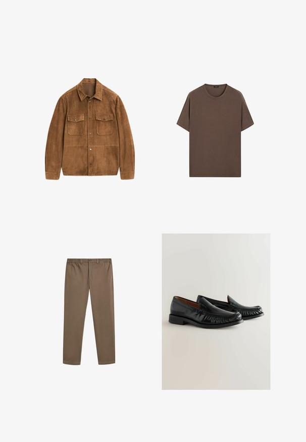 Brun mocka jacka med knappstängning, spetskrage, två bröstfickor och långa ärmar. Slät textur med en matt finish.; Brun bomulls t-shirt med rund hals och korta ärmar. Enkelt mönster med en jämn struktur och en avslappnad passform. Inga mönster eller detaljer.; Bruna bomullschinos med rak bendesign, elastisk midja och framfickor. Slät yta och minimala sömnadsdetaljer.; Svarta läderloafers med rund tå, samlad textur fram, och låg staplad klack. Slät yta och klassisk design.