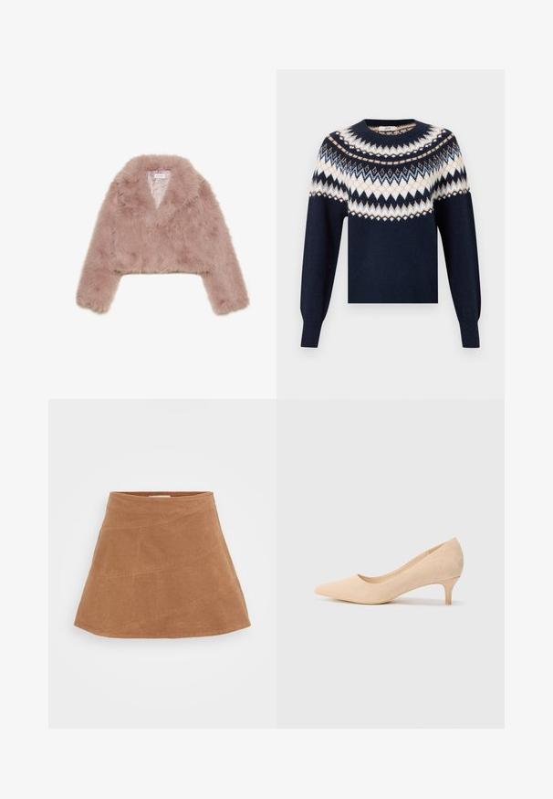 Pink faux fur cropped jacket with a shawl collar, long sleeves, and soft texture. Lined interior with minimal detailing.; Navy blue sweater with long sleeves featuring white, beige, and light blue zigzag and diamond patterns across the chest and shoulders.; Brown corduroy mini skirt with a flared design, featuring diagonal seams and a smooth texture. Flat waistband at the top.; Beige suede high-heeled pump with a pointed toe and a slim, 2-inch heel. Smooth texture with minimal detailing on the upper surface.