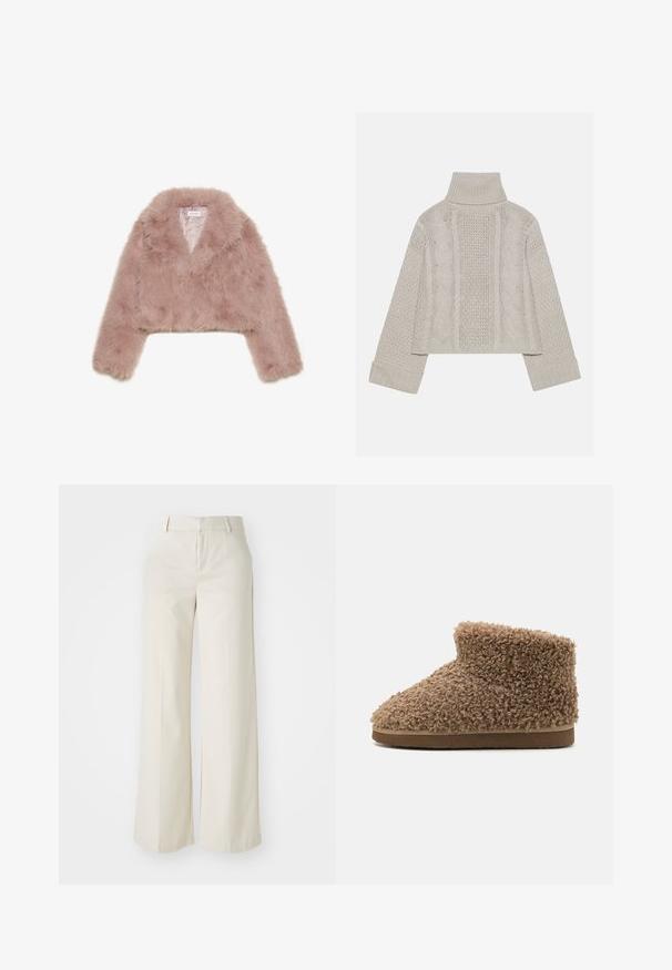 Rosa F faux-fell gekürzte Jacke mit einem Schalkragen, langen Ärmeln und weicher Textur. Gefüttertes Innenleben mit minimalen Details.; Gekürzter, hellgrauer Strickpullover mit hohem Kragen und gerippten Bündchen, ausgestattet mit strukturierten Zopfmustern entlang des Rückens und der Seiten.; Weite Hosen in einem hellbeigen Farbton, aus einem glatten Stoff gefertigt. Mit einem klassischen Bund und flachem Vorderteil, das klare Linien zeigt.; Braune, flauschige Hausschuhe mit einer weichen, lockigen Textur, niedriger Knöchelhöhe und einem abgerundeten Zehenbereich, mit einer flachen, kontrastierenden Sohle.