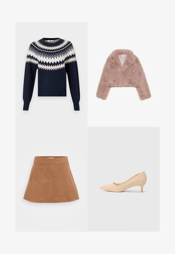 Roosa kunstkarvane lühike jakk šalli kraega, pikkade varrukatega ja pehme tekstuuriga. Vooderdatud sisemus minimaalsete detailidega.; Tumesinine särk pikkade käistega, millel on valged, beežid ja helesinised siksakitavad ning rombikujulised mustrid rinnal ja õlgadel.; Pruunist korduroost mini-seelik, millel on flared disain, diagonaalsed õmblused ja sile tekstuur. Ülal lame vöökoht.; Beige suede kõrge kontsaga king, millel on terav nina ja õhuke 2-tolline konts. Sile tekstuur ja minimaalne detailitus ülemisel pinnal.