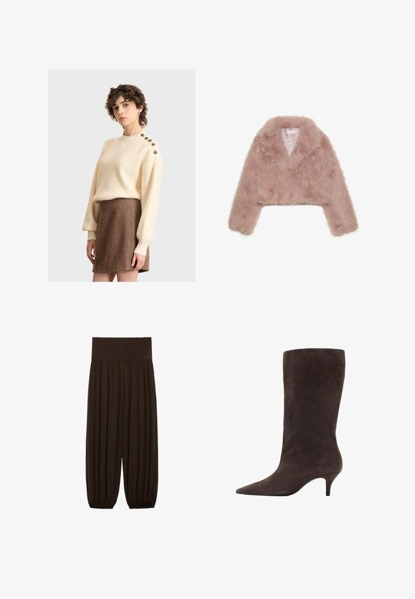 Giacca cropped in pelliccia sintetica rosa con colletto a scialle, maniche lunghe e texture morbida. Interno foderato con dettagli minimi.; Maglione a coste color crema con colletto alto e dettagli in legno sui bottoni delle spalle, abbinato a una gonna a quadri marrone con texture.; Pantaloni marroni a pieghe con una ampia cintura elastica. Il tessuto è leggero e texture, con orli arricciati ai polsini.; Stivale in suede marrone, con punta affusolata e tacco medio, caratterizzato da una texture liscia e un design elegante.