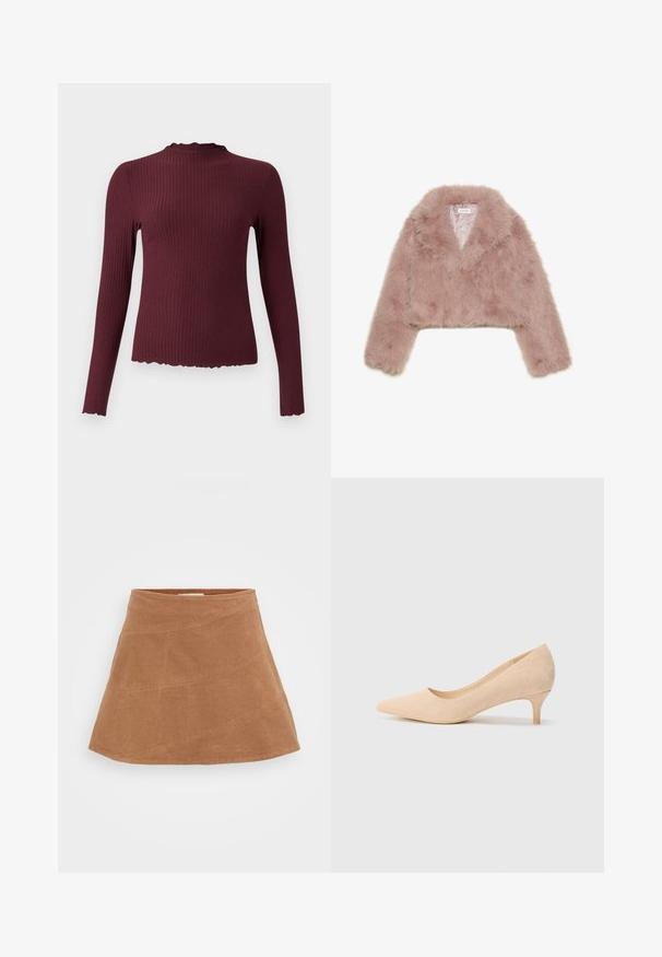 Jachetă scurtă din blană artificială roz, cu guler tip șal, mâneci lungi și textură moale. Interior căptușit cu detalii minime.; Top burgundy cu mânecă lungă, textură canal, gât înalt cu margine zimțată, formă ajustată, material moale și hem puțin scurtat.; Fustă mini din corduroy maro cu un design evazat, având cusături în diagonală și o textură netedă. Talie plată în partea de sus.; Pumps din suede bej cu toc înalt, ascuțit, și toc subțire de 2 inci. Textură netedă cu detalii minime pe suprafața superioară.