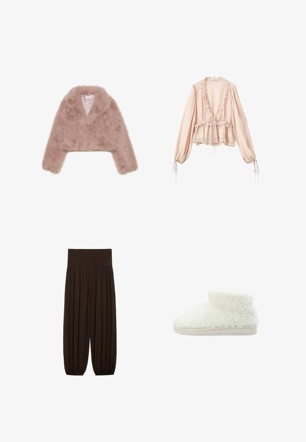Giacca cropped in pelliccia sintetica rosa con colletto a scialle, maniche lunghe e texture morbida. Interno foderato con dettagli minimi.; Blusa rosa pallido con maniche lunghe, scollatura arricciata, vita con cordoncino e bordo in pizzo ai polsini e all'orlo. Tessuto leggero e con trama.; Pantaloni marroni a pieghe con una ampia cintura elastica. Il tessuto è leggero e texture, con orli arricciati ai polsini.; Stivaletti bianchi e pelosi fino alla caviglia, realizzati in materiale morbido e testurizzato, con una suola piatta beige. Presentano punte arrotondate e una parte superiore con risvolto per maggiore calore.