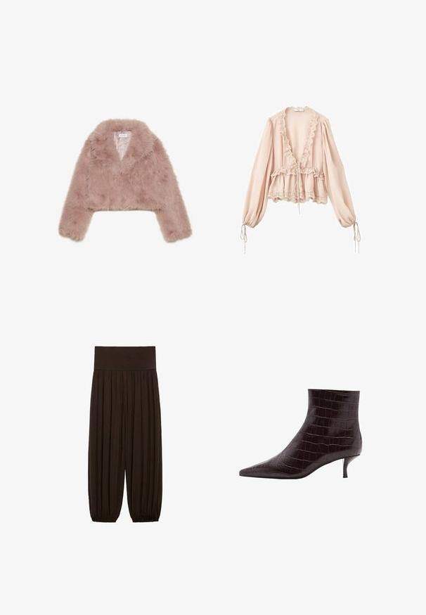 Giacca cropped in pelliccia sintetica rosa con colletto a scialle, maniche lunghe e texture morbida. Interno foderato con dettagli minimi.; Blusa rosa pallido con maniche lunghe, scollatura arricciata, vita con cordoncino e bordo in pizzo ai polsini e all'orlo. Tessuto leggero e con trama.; Pantaloni marroni a pieghe con una ampia cintura elastica. Il tessuto è leggero e texture, con orli arricciati ai polsini.; Stivaletti alla caviglia in pelle nera con effetto coccodrillo, dalla punta affusolata e tacco corto e sottile. Texture liscia con un motivo distintivo e un design elegante.