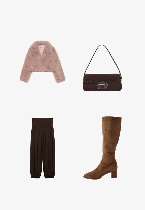 Pink faux fur cropped jacket with a shawl collar, long sleeves, and soft texture. Lined interior with minimal detailing.; Blush pink blouse with long sleeves, ruffled neckline, drawstring waist, and lace trim at the cuffs and hem. Lightweight, textured fabric.; Brown pleated pants with a wide, elastic waistband. The fabric is lightweight and textured, featuring gathered hems at the cuffs.; Brown suede knee-high boot with a tapered toe and block heel, featuring a smooth texture and clean stitching along the edges.; Brown suede handbag with a long leather strap, silver hardware, a rectangular shape, and a flat flap featuring a central embellishment.