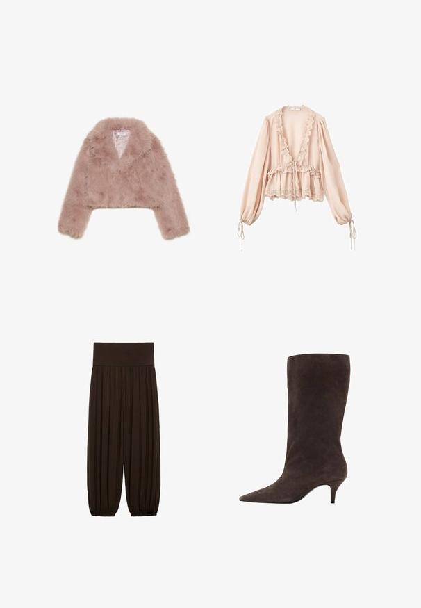 Veste courte en fausse fourrure rose avec un col châle, des manches longues et une texture douce. Intérieur doublé avec un minimum de détails.; Blouse rose pâle avec des manches longues, un col froncé, une taille à cordon et des finitions en dentelle aux poignets et à l'ourlet. Tissu léger et texturé.; Pantalons plissés marron avec une large taille élastique. Le tissu est léger et texturé, avec des ourlets froncés aux poignets.; Botte en daim marron hauteur genou avec un bout pointu et un talon de hauteur intermédiaire, présentant une texture lisse et un design élégant.