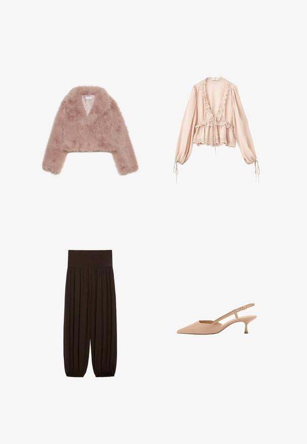 Ružový umelý kožušinový skrátený kabát so šálovým golierom, dlhými rukávmi a mäkkou textúrou. Podšitý interiér s minimálnymi detailmi.; Ružová blúzka s dlhými rukávmi, volánikmi na golieri, sťahovacím pásom a čipkovými lemami na manžetách a spodnej časti. Ľahká, textúrovaná látka.; Hnedé plisované nohavice so širokým elastickým pásom. Tkanina je ľahká a textúrovaná, s nariasenými lemami na manžetách.; Špicaté béžové slingback opätky s nízkym kitten podpätkom, vyrobené z lesklého materiálu, s tenkým popruhom a nastaviteľnou sponou.