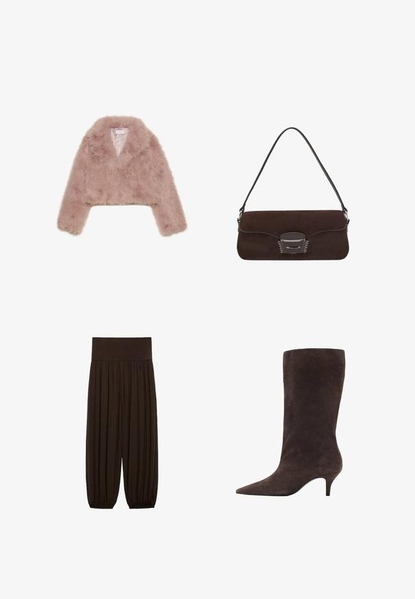 Roze nepbont cropped jack met een sjawlkragen, lange mouwen en een zachte textuur. Voering met minimale details.; Blauwroze blouse met lange mouwen, ruches bij de hals, een trekkoord in de taille en kanten rand bij de manchetten en zoom. Lichtgewicht, gestructureerde stof.; Bruine geplooide broek met een brede, elastische tailleband. De stof is lichtgewicht en gestructureerd, met gatherse randen bij de boorden.; Bruine suède kniehoogte laars met een spitse neus en een mid-hoge hak, met een gladde textuur en een slank ontwerp.; Bruine suède handtas met een lange leren schouderband, zilveren hardware, een rechthoekige vorm en een platte flap met een centrale versiering.