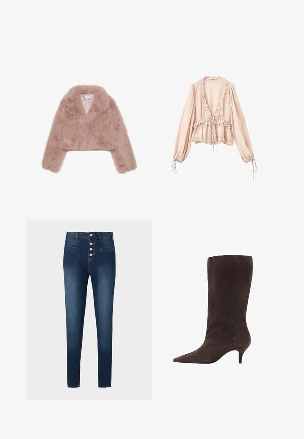 Różowa kurtka z sztucznego futra, krótka, z kołnierzem szalowym, długimi rękawami i miękką fakturą. Podszewka wewnętrzna z minimalnymi detalami.; Bluzka w odcieniu różowego rumieńca z długimi rękawami, falbaniastym dekoltem, ściągaczem w talii oraz koronkowym wykończeniem przy mankietach i u dołu. Lekka, teksturowana tkanina.; Granatowe dżinsy o wysokim stanie, zapinane na pięć guzików, z dwoma przednimi kieszeniami. Gładka struktura z kontrastującymi detalami szwów.; Brązowy zamszowy botek do kolan z wysmukłym noskiem i średnim obcasem, charakteryzujący się gładką teksturą i eleganckim wzornictwem.