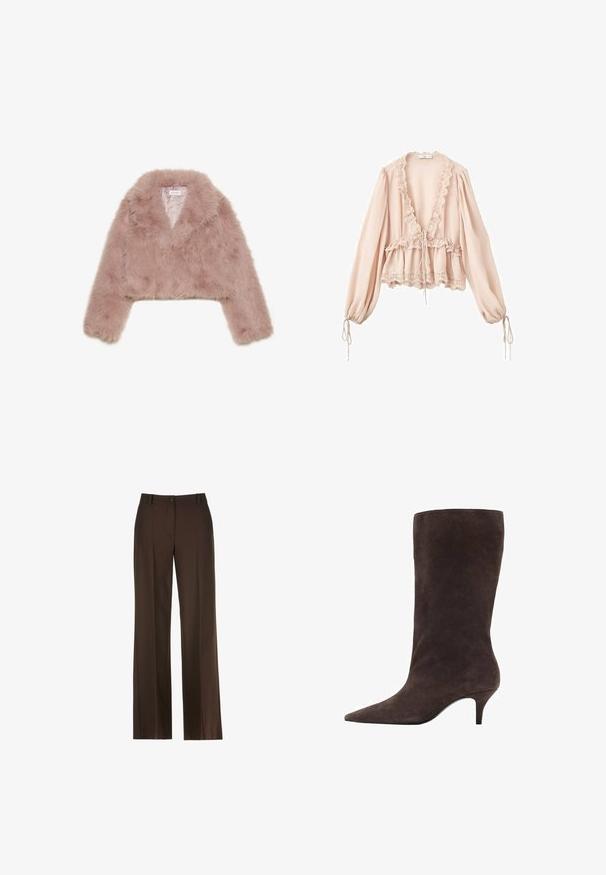 Pink faux fur cropped jacket with a shawl collar, long sleeves, and soft texture. Lined interior with minimal detailing.; Blush pink blouse with long sleeves, ruffled neckline, drawstring waist, and lace trim at the cuffs and hem. Lightweight, textured fabric.; Brown wide-leg trousers with a smooth texture, featuring a front button closure, belt loops, and creased detailing along the front.; Brown suede knee-high boot with a pointed toe and a mid-height heel, featuring a smooth texture and sleek design.