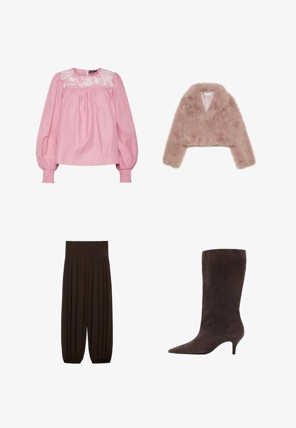 Pink faux fur cropped jacket with a shawl collar, long sleeves, and soft texture. Lined interior with minimal detailing.; Pink striped blouse with a round neckline, elastic cuffs, and embroidered floral detail on the yoke. Made from lightweight fabric.; Brown pleated pants with a wide, elastic waistband. The fabric is lightweight and textured, featuring gathered hems at the cuffs.; Brown suede knee-high boot with a pointed toe and a mid-height heel, featuring a smooth texture and sleek design.