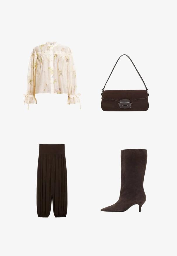 Różowa kurtka z sztucznego futra, krótka, z kołnierzem szalowym, długimi rękawami i miękką fakturą. Podszewka wewnętrzna z minimalnymi detalami.; Bluzka w kwiatowy wzór w kolorze kremowym, wykonana z lekkiego materiału. Posiada wysoki kołnierz, falbany oraz marszczone rękawy z wiązaniami.; Brązowe spodnie z plisami i szerokim, elastycznym pasem. Materiał jest lekki i teksturowany, z marszczonymi wykończeniami u dołów.; Brązowy zamszowy botek do kolan z wysmukłym noskiem i średnim obcasem, charakteryzujący się gładką teksturą i eleganckim wzornictwem.; Brązowa torebka zamszowa z długim skórzanym paskiem, srebrnymi akcentami, prostokątnym kształtem i płaską klapą z centralnym ozdobnym elementem.