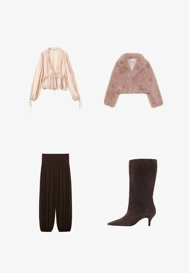 Roza umetna krznena jakna s skrajšanim krojem, šalskim ovratnikom, dolgimi rokavi in mehkimi teksturami. Podložena notranjost z minimalnimi detajli.; Roza bluzica z dolgimi rokavi, naborkom na ovratniku, z vrvico v pasu ter čipkastim robom na manšetah in robu. Lahka, strukturirana tkanina.; Brahke klasične hlače z širokim elastičnim pasom. Tkanina je lahka in teksturirana, s nabranimi robovi na manšetah.; Rjave semiš škornje do kolen z ostrim nosom in srednje visokim peto, ki se ponašajo z gladko teksturo in elegantnim dizajnom.