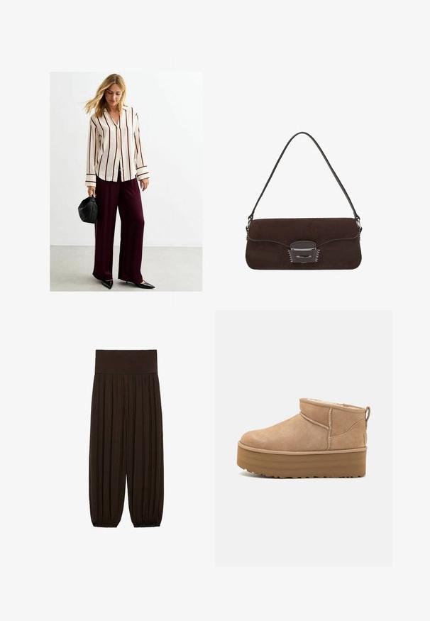 Pink faux fur cropped jacket with a shawl collar, long sleeves, and soft texture. Lined interior with minimal detailing.; White long-sleeve shirt with burgundy vertical stripes, paired with loose burgundy pants. Model holds a black rounded handbag.; Brown pleated pants with a wide, elastic waistband. The fabric is lightweight and textured, featuring gathered hems at the cuffs.; Beige suede ankle boots with a plush interior, featuring a platform sole and a pull tab at the back for easy wear. Textured rubber outsole.; Brown suede handbag with a long leather strap, silver hardware, a rectangular shape, and a flat flap featuring a central embellishment.
