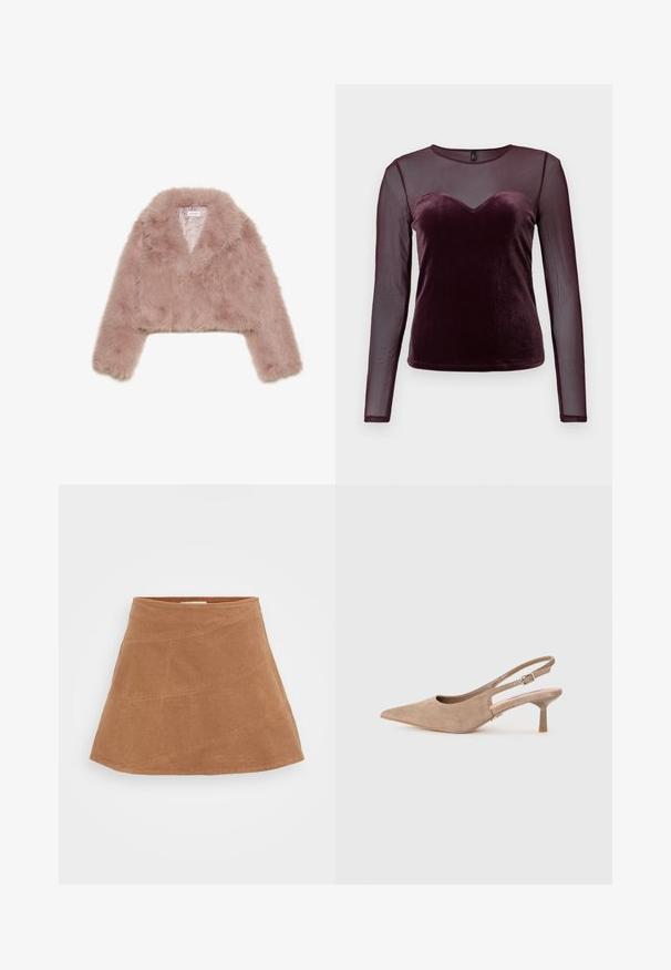 Ružičasti lažni krzneni skraćeni jakna s šalom, dugim rukavima i mekom teksturom. Obložena unutrašnjost s minimalnim detaljima.; Burgundijska bluza dugih rukava s baršunastim korzetom i dekolteom u obliku srca, prozirnim mrežastim rukavima, glatkom teksturom i pripijenim krojem.; Smeđa korduri mini suknja s lepršavim dizajnom, koja ima dijagonalne šavove i glatku teksturu. Ravni pojas na vrhu.; Bež suede cipele s otvorenom petom i špicastim prstom, s niskim, prozirnim blok pete. Imaju podesivu traku za sigurno prianjanje.