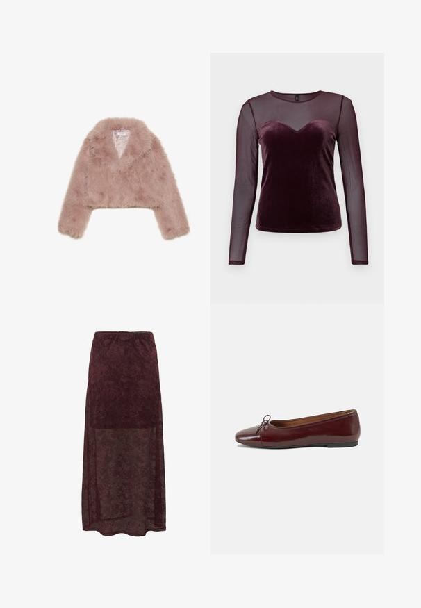 Lyserød faux fur cropped jakke med sjalskrave, lange ærmer og blød tekstur. Foret inderside med minimal udsmykning.; Bordeaux langærmet top med en velour overdel og hjerteudskæring samt gennemsigtige meshærmer, glat tekstur og tætsiddende design.; Bordeaux blonde maxiskørt med blomsterprint, gennemsigtig nederste sektion og elastisk talje. Blødt, struktureret stof.; Bordeaux patentlæder balletflad med rund tå, lille sløjfeaccent foran og en lav, sort gummisål. Glat tekstur.