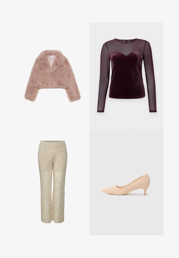 Ružový umelý kožušinový skrátený kabát so šálovým golierom, dlhými rukávmi a mäkkou textúrou. Podšitý interiér s minimálnymi detailmi.; Burgundská blúzka s dlhým rukávom s velúrovým korzetom a výstrihom v tvare srdca, priesvitnými sieťovými rukávmi, hladkou textúrou a obtiahnutým strihom.; Béžové nohavice so štrasom a vzorom do zubatých čiar, s vysokým pásom a širokými nohavicami, s hladkým povrchom a žiarivým vzhľadom.; Bežové semišové lodičky na vysokom podpätku s špicatou špičkou a tenkým, 5-centimetrovým podpätkom. Hladký povrch s minimálnym zdobením na hornej strane.