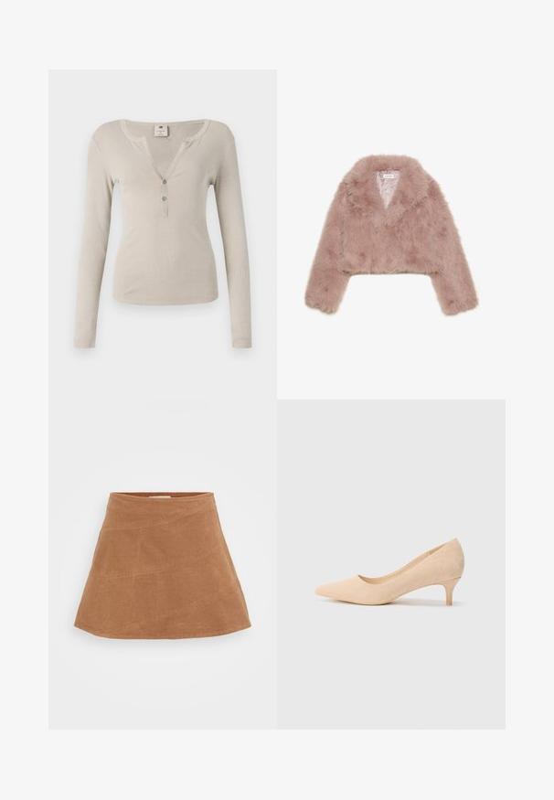 Ružový umelý kožušinový skrátený kabát so šálovým golierom, dlhými rukávmi a mäkkou textúrou. Podšitý interiér s minimálnymi detailmi.; Dlhe rukávy béžový vrch s ryhovanou textúrou, V-čkovým výstrihom a tromi gombíkmi na uzavretie vpredu. Jednoduchý, priliehavý dizajn.; Hnedá kordurová minisukňa s rozšíreným strihom, obsahujúca diagonálne švy a hladkú textúru. Plochý pás na vrchu.; Bežové semišové lodičky na vysokom podpätku s špicatou špičkou a tenkým, 5-centimetrovým podpätkom. Hladký povrch s minimálnym zdobením na hornej strane.