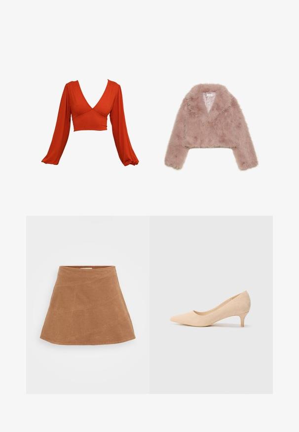 Rožinės dirbtinės kailio trumpa striukė su šalikiniu apykakle, ilgomis rankovėmis ir švelniu paviršiumi. Pamušalas su minimaliais akcentais.; Raudonas ilgas rankovėmis trumpas megztukas su gilia V kaklo iškirpte ir raukšlėtomis rankovėmis. Pagamintas iš minkštos, elastingos medžiagos su lygiu paviršiumi. Be matomų raštų.; Ruda korduroy mini sijonas su iškilusia forma, siuvinėtas įstrižais siūlais ir turintis lygų paviršių. Viršuje plokščias liemens diržas.; Smėlio spalvos zomšiniai aukštakulniai bateliai su siauru, 5 cm kulnu ir smailiu pirštu. Lygi tekstūra su minimaliu apdailos elementu viršutiniame paviršiuje.