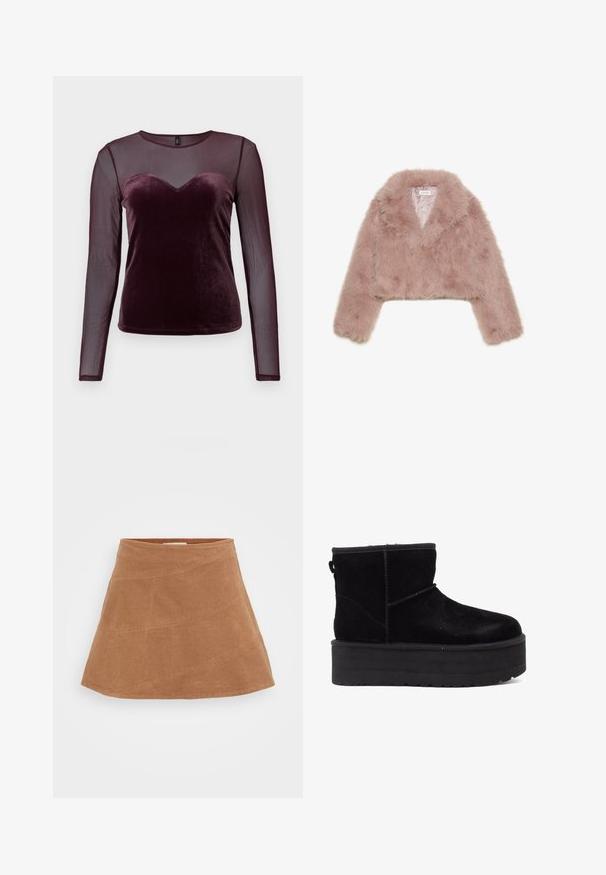 Rózsaszín műszőrme cropped dzseki sálgallérral, hosszú ujjakkal és puha textúrával. Bélése minimalista részletekkel rendelkezik.; Burgundi színű, hosszú ujjú blúz, bársonyos felsőrésszel, szív alakú nyakkivágással és áttetsző hálós ujjakkal, sima textúrával és testhez simító fazonnal.; Barna kordbársony mini szoknya, amelynek szabása harang alakú, átlós varrásokkal és sima textúrával rendelkezik. A tetején lapos derékrész található.; Fekete velúr bokacsizmák vastag platform talppal és puha béléssel. A könnyű felhúzást segítő varrásos díszítéssel és hátsó húzófüllel készültek.