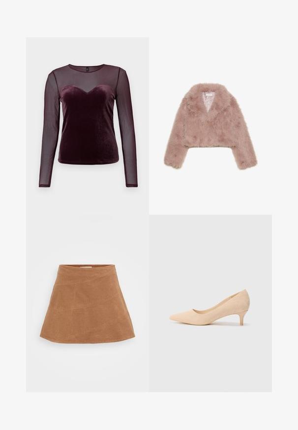 Ružový umelý kožušinový skrátený kabát so šálovým golierom, dlhými rukávmi a mäkkou textúrou. Podšitý interiér s minimálnymi detailmi.; Burgundská blúzka s dlhým rukávom s velúrovým korzetom a výstrihom v tvare srdca, priesvitnými sieťovými rukávmi, hladkou textúrou a obtiahnutým strihom.; Hnedá kordurová minisukňa s rozšíreným strihom, obsahujúca diagonálne švy a hladkú textúru. Plochý pás na vrchu.; Bežové semišové lodičky na vysokom podpätku s špicatou špičkou a tenkým, 5-centimetrovým podpätkom. Hladký povrch s minimálnym zdobením na hornej strane.