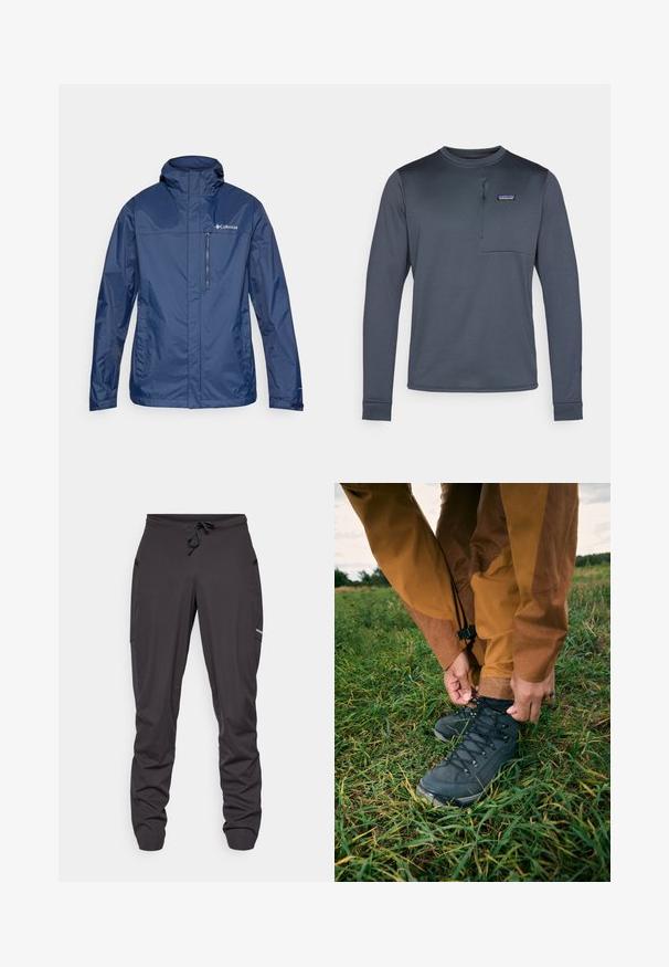 Casaco impermeável azul marinho com colarinho alto, bolso no peito com fecho e tecido texturizado. Apresenta o logótipo no lado esquerdo.; Camisa sintética de manga longa, azul-marinho, com um colarinho redondo, bolso no peito e fecho de meio zíper. Textura suave e design justo.; Calças de atletismo pretas com cordão na cintura, bolsos laterais, tecido ligeiramente amarrotado e um pequeno logótipo visível na coxa direita.; Botas de caminhada pretas com cabedais texturizados e atacadores, usadas com calças impermeáveis castanhas, situadas em relva verde sob um céu nublado.