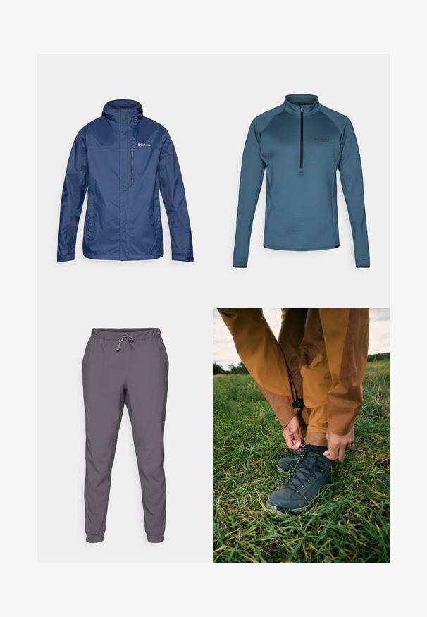 S agencias zilā ūdensnecaurlaidīga jaka ar augstu apkakli, ar rāvējslēdzēja krūšu kabatu un strukturētu audumu. Uz kreisā sāna ir redzams logo.; Columbia CRYSTAL LEAF™ HELIX HALF ZIP - Ikdienas džemperis - everblue/black; Pelēki, viegli, elastīgas jostas bikses ar regulējamu auklu; sašaurinātas kājas; gluda tekstūra; ar logo detaļu sānos.; Melni pārgājienu zābaki ar faktūrētām augšdaļām un auklām, valkāti ar brūniem ūdensnecaurlaidīgiem biksēm, novietoti zaļajā zālē zem mākoņainām debesīm.