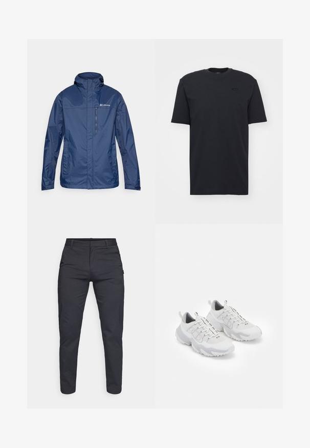 Tamsiai mėlyna vandeniui atspari striukė su aukštu apykakle, užtrauktuku užsidarančia krūtine kišenę ir tekstūruota medžiaga. Kairėje pusėje yra logotipas.; Juodas medvilninis trumpa Rankovė t shirt su apvaliu iškirpimu, su subtiliu logotipo akcentu ant krūtinės ir laisvu siluetu.; Jūrų laivyno mėlynos spalvos, siaurėjančios kelnės, pagamintos iš kvėpuojančios medžiagos. Ypatybės: lygus priekinis kraštas, diržo kilpos ir viena užpakalinė kišenė.; Baltos sportinės bateliai su akių medžiaga, pilkiais akcentais, tekstūruotu guminio pado ir pakėlimo juostelėmis ant kulno; turi raištelių užsegimą.