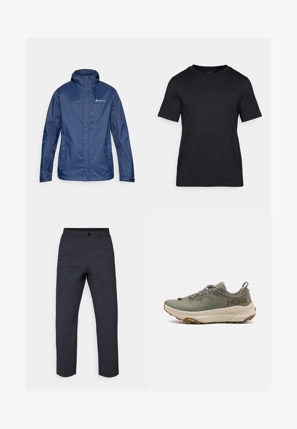 Marineblauwe waterdichte jas met een hoge kraag, een ritsborstzak en textuurstof. Voorzien van een logo aan de linkerzijde.; Zwarte T-shirt gemaakt van soepel materiaal, met een ronde hals en korte mouwen. Subtiele branding in het zwart gedrukt op de borst.; Donkergrijze broek van een gladde stof. Heeft een rekbare tailleband, een knoopsluiting aan de voorkant en iets taps toelopende benen.; Groene Hoka hardloopschoen met Gore-Tex bovenwerk, gestructureerde accenten, elastische veters en dikke beige buitenzool met Vibram-logo.