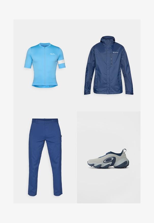 Ναυτικό μπλε αδιάβροχο μπουφάν με ψηλό γιακά, τσέπη μπροστά με φερμουάρ και υφασμάτινη υφή. Διαθέτει λογότυπο στη αριστερή πλευρά.; Μπλε κοντομάνικη μπλούζα ποδηλασίας με φερμουάρ μπροστά, φτιαγμένη από λείο, ελαστικό ύφασμα. Διαθέτει μια λευκή ταινία στο μανίκι και το λογότυπο "Rapha".; Μπλε παντελόνι από λείο ύφασμα, με ίσια γραμμή, δύο πλαϊνές τσέπες και θηλιές ζώνης. Χωρίς ορατά σχέδια ή μεταλλικά στοιχεία.; Παπούτσι με γκρι πάνω μέρος και ναυτικές λεπτομέρειες, διαθέτει καμπυλωτό σχέδιο, λείο υλικό και χοντρή σόλα με τυπωμένο μπλε ελαστικό.