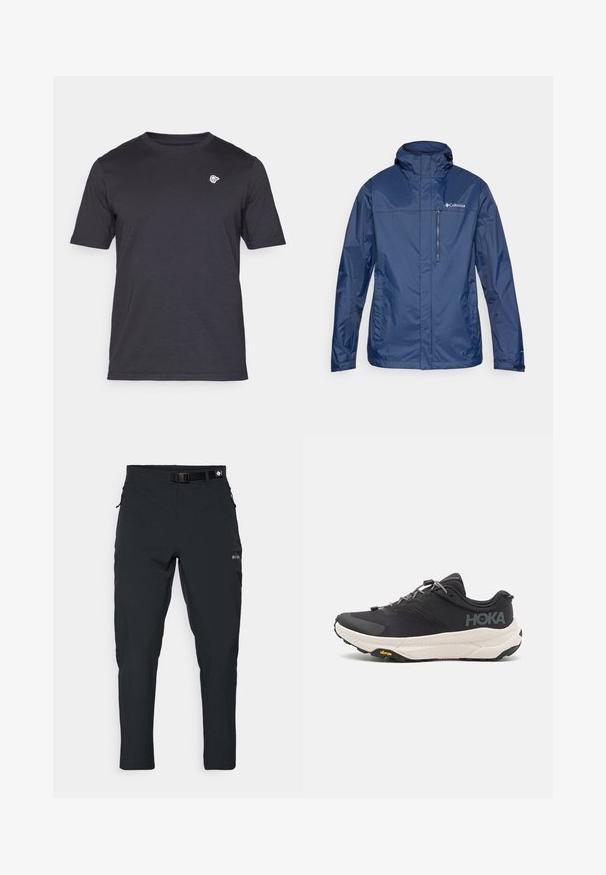 Tamsiai mėlyna vandeniui atspari striukė su aukštu apykakle, užtrauktuku užsidarančia krūtine kišenę ir tekstūruota medžiaga. Kairėje pusėje yra logotipas.; Tamsiai pilkos spalvos trumpomis rankovėmis marškinėliai, apvaliu kaklu, pagaminti iš minkštos medvilnės, su mažu baltu emblemą kairėje krūtinės pusėje. Paprastas dizainas, be raštų.; Columbia ESSENTIAL HIKE™ PANT - Lauko kelnės - black; Juodos sportinės bateliai su tekstūruota viršutine dalimi, pilkų akcentų, atspindinčiomis detalėmis ir storu baltu padu su Vibram prekės ženklu.