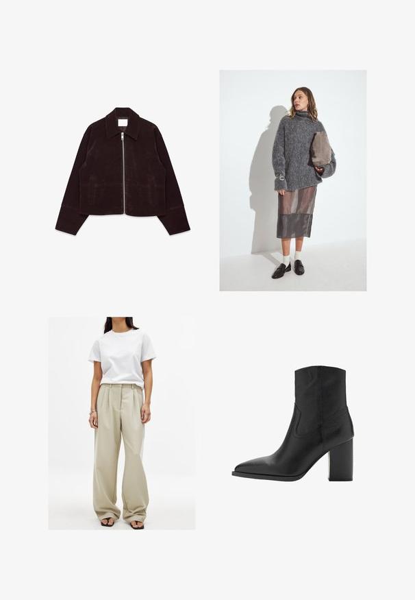 Giacca corta in suede marrone con colletto, chiusura frontale con zip e tasche laterali. Presenta una texture morbida e maniche larghe.; Maglione grigio morbido con collo alto, indossato sopra una gonna semi-trasparente in tonalità tenui, abbinato a mocassini neri e a una borsa taupe.; Pantaloni beige a gamba larga con pieghe frontali e una texture liscia, abbinati a una t-shirt bianca in cotone aderente. Infradito neri completano il look.; Stivale alla caviglia in pelle nera con punta appuntita e tacco a blocco strutturato, caratterizzato da una texture liscia e dettagli di cucitura minimi.