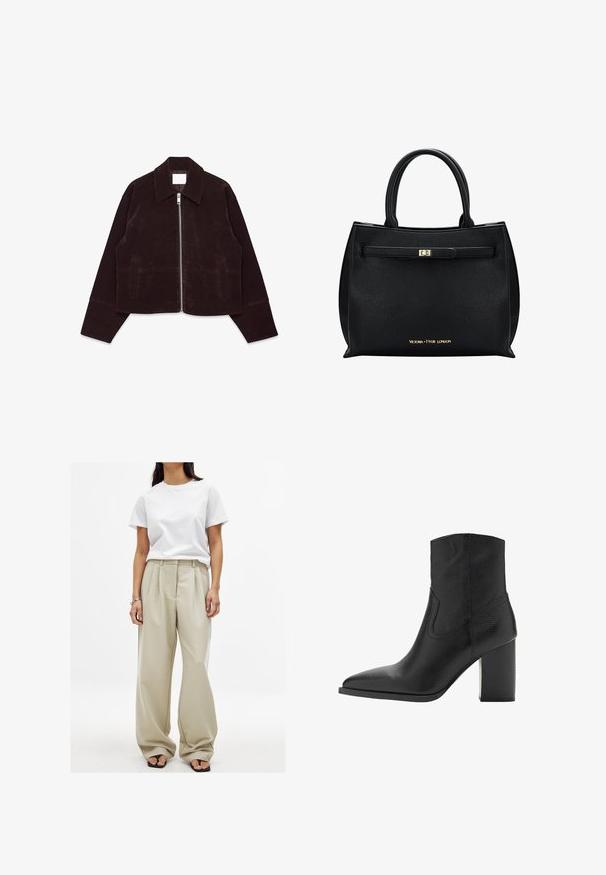 Veste courte en daim marron avec un col, fermeture éclair à l'avant et poches latérales. Possède une texture douce et des manches larges.; Pull gris en peluche à col montant, superposé à une jupe semi-transparente dans des teintes douces, associé à des mocassins noirs et un sac taupe.; Pantalons beige à jambes larges avec des plis à l'avant et une texture lisse, associés à un t-shirt en coton blanc ajusté. Des tongs noires complètent le look.; Bottines en cuir noir avec un bout pointu et un talon bloc structuré, présentant une texture lisse et des détails de couture minimalistes.; Sac à main en cuir noir avec une forme structurée, des poignées supérieures, une texture lisse, des ferrures dorées et un fermoir avant. Le logo est visible à la base.