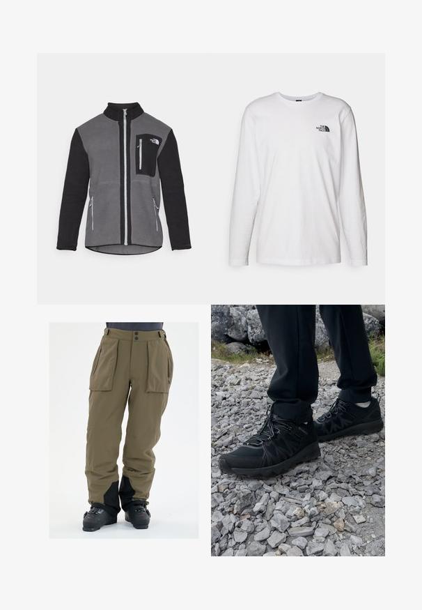 Fleecejakke i grå og sort, der har en høj krave, lynlåslommer og en brystlomme med et logo. Blødt, struktureret stof.; Hvid langærmet T-shirt lavet af bomuld med rund hals. Har et lille sort logo på brystet. Glat tekstur, almindelig pasform.; Oliven grønne snebukser lavet af vandtæt materiale, med sidelommer, lynlåslommer til hænderne og en sort nederste del.; Sorte udendørssko med mesh og syntetisk materiale, med en tekstureret overdel, sikre snørebånd og en robust ydersål, på klippelandskab.
