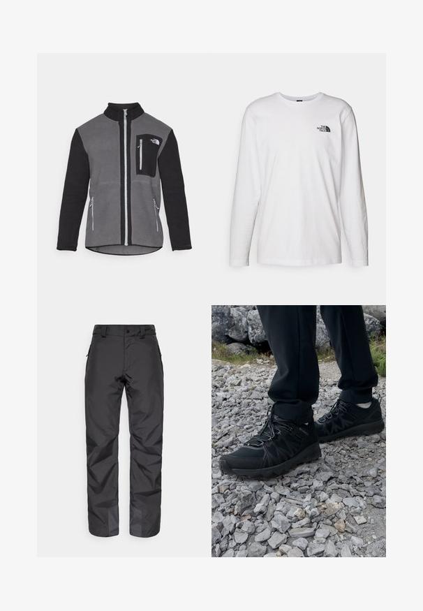 Fleece jacket in gray and black, featuring a high collar, zippered pockets, and a chest pocket with a logo. Soft, textured fabric.; White long-sleeve T-shirt made of cotton with a crew neck. Features a small black logo on the chest. Smooth texture, regular fit.; Black waterproof outdoor pants with zippered side pockets and reinforced ankle sections, shown on a plain white background.; Black outdoor shoes with mesh and synthetic material, featuring a textured upper, secured lacing system, and a rugged outsole, on rocky terrain.