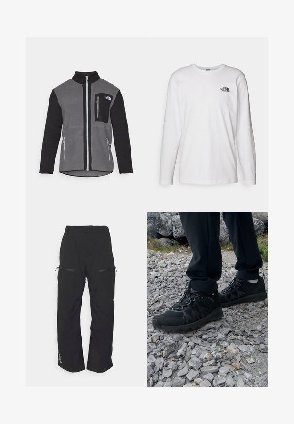 Fleece jacket in gray and black, featuring a high collar, zippered pockets, and a chest pocket with a logo. Soft, textured fabric.; White long-sleeve T-shirt made of cotton with a crew neck. Features a small black logo on the chest. Smooth texture, regular fit.; Oakley TNP LINED SHELL PANT 2.0 - Snowboard pants - blackout; Black outdoor shoes with mesh and synthetic material, featuring a textured upper, secured lacing system, and a rugged outsole, on rocky terrain.
