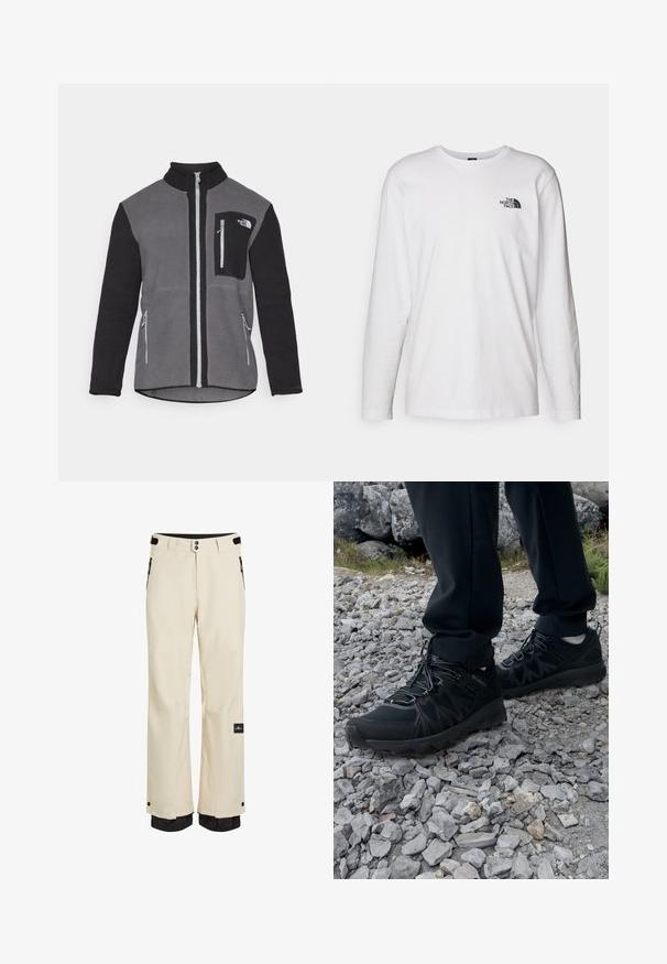 Fleece jacket in gray and black, featuring a high collar, zippered pockets, and a chest pocket with a logo. Soft, textured fabric.; White long-sleeve T-shirt made of cotton with a crew neck. Features a small black logo on the chest. Smooth texture, regular fit.; Beige snow pants with black accents, standard fit, waterproof material, adjustable waist, zippered pockets, and elastic cuffs at the ankles.; Black outdoor shoes with mesh and synthetic material, featuring a textured upper, secured lacing system, and a rugged outsole, on rocky terrain.