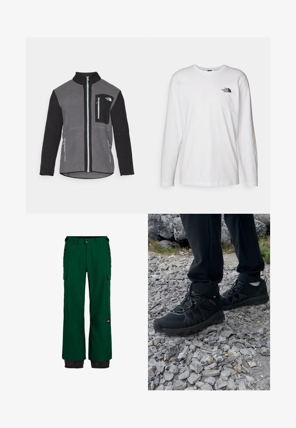 Fleecejacke in Grau und Schwarz mit hohem Kragen, Reißverschlusstaschen und einer Brusttasche mit Logo. Weicher, strukturierten Stoff.; Weißes langärmliges T-Shirt aus Baumwolle mit Rundhalsausschnitt. Verfügt über ein kleines schwarzes Logo auf der Brust. Glatte Textur, reguläre Passform.; Grüne wasserdichte Schneehosen mit einer Cargo-Tasche, elastischen Bündchen und einem kontrastierenden schwarzen unteren Saum. Ausgestattet mit Reißverschlüssen und strapazierfähigem Material.; Schwarze Outdoor-Schuhe aus Mesh und synthetischem Material, mit einer strukturierten Oberseite, gesichertem Schnürsystem und griffiger Laufsohle, auf felsigem Gelände.