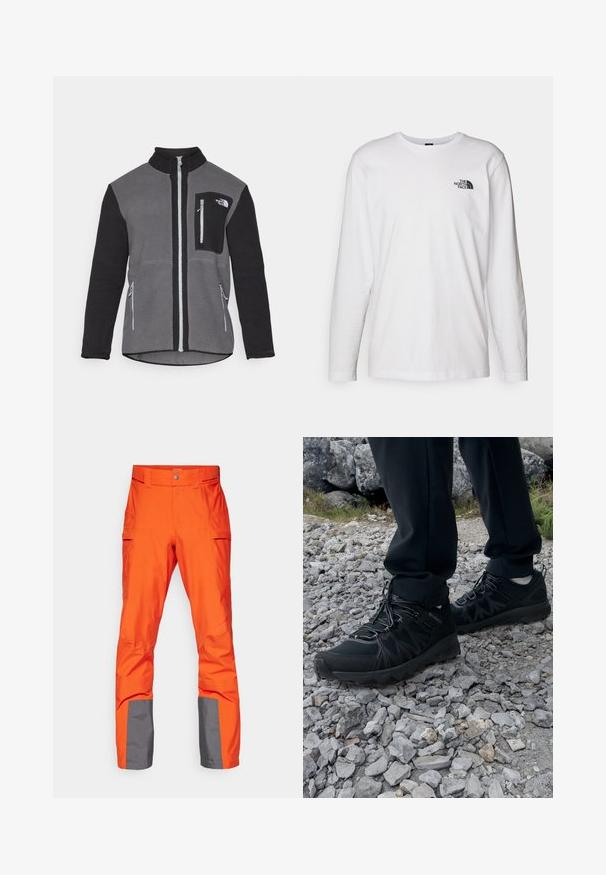 Fleecejakke i grå og sort, der har en høj krave, lynlåslommer og en brystlomme med et logo. Blødt, struktureret stof.; Hvid langærmet T-shirt lavet af bomuld med rund hals. Har et lille sort logo på brystet. Glat tekstur, almindelig pasform.; Lys orange vandtætte bukser med grå accenter ved buksebenene, udstyret med en flad talje og flere sidelommer. Glat tekstur.; Sorte udendørssko med mesh og syntetisk materiale, med en tekstureret overdel, sikre snørebånd og en robust ydersål, på klippelandskab.