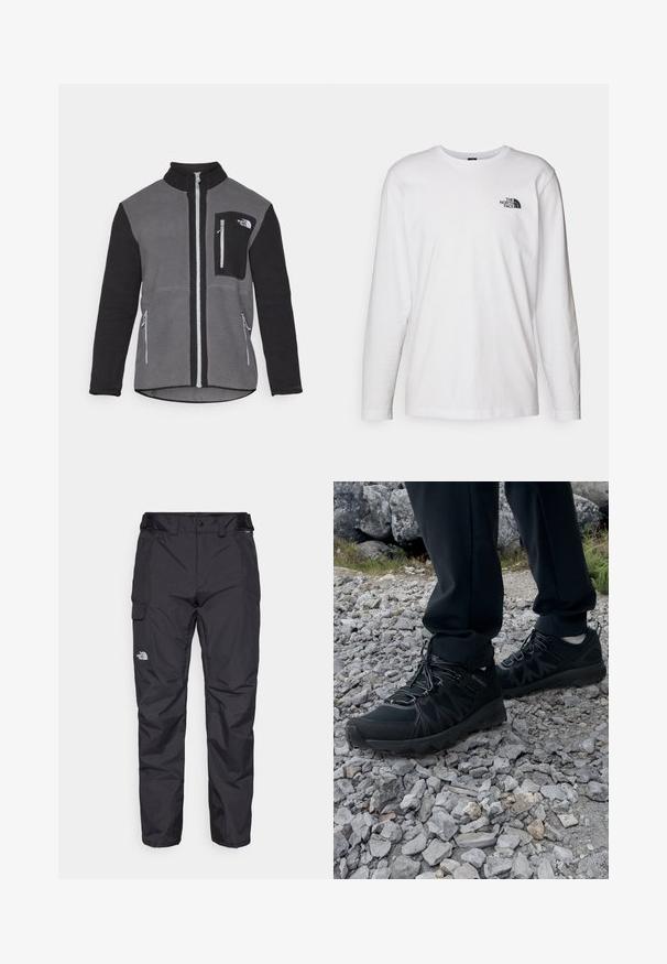 Harmaa ja musta fleece-takki, jossa on korkea kaulus, vetskareilla varustetut taskut ja rinnassa logo-tasku. Pehmeä, teksturoitu kangas.; Valkoinen pitkähihaisen T-paita, joka on valmistettu puuvillasta ja jossa on pyöreä kaula-aukko. Rintamuksessa on pieni musta logo. Sileä kangas, normaali malli.; Mustat vedenpitävät cargo-housut kevyestä kankaasta, jossa on sivutasku ja logo vasemmassa reisissä. Säädettävä vyötärö metalliosilla.; Mustat ulkokengät, joissa on verkko- ja synteettinen materiaali, teksturoitu päällinen, varma nauhoitusjärjestelmä ja kestävä pohja kivikkoisella maastolla.