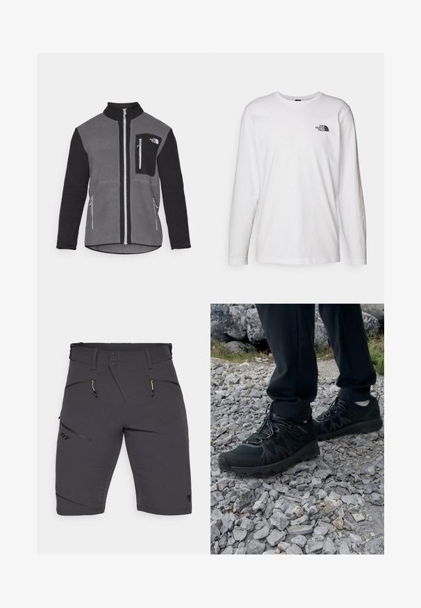 Fleecová bunda v šedé a černé barvě, s vysokým límcem, zipovými kapsami a náprsní kapsou s logem. Měkká, texturovaná látka.; Bílý dlouhý rukáv tričko vyrobené z bavlny s kulatým výstřihem. Na hrudi se nachází malé černé logo. Hladká textura, běžný střih.; Dynafit TRANSALPER - Outdoorové kraťasy - black out; Černé venkovní boty z prodyšného a syntetického materiálu, s texturovaným svrškem, bezpečným šněrovacím systémem a robustní podrážkou, na skalnatém terénu.