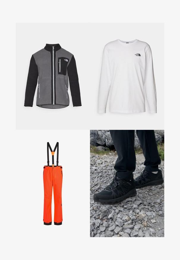 Giacca in fleece grigia e nera, con colletto alto, tasche con zip e tasca sul petto con logo. Tessuto morbido e strutturato.; T-shirt bianco a maniche lunghe in cotone con colletto rotondo. Presenta un piccolo logo nero sul petto. Texture liscia, vestibilità regolare.; Pantaloni da sci impermeabili arancioni con bretelle nere regolabili, tasche con zip e dettagli neri ai polsini. Tessuto resistente, design a gamba dritta.; Scarpe da esterni nere realizzate in mesh e materiale sintetico, con una parte superiore testurizzata, un sistema di allacciatura sicuro e una suola robusta, su terreno roccioso.